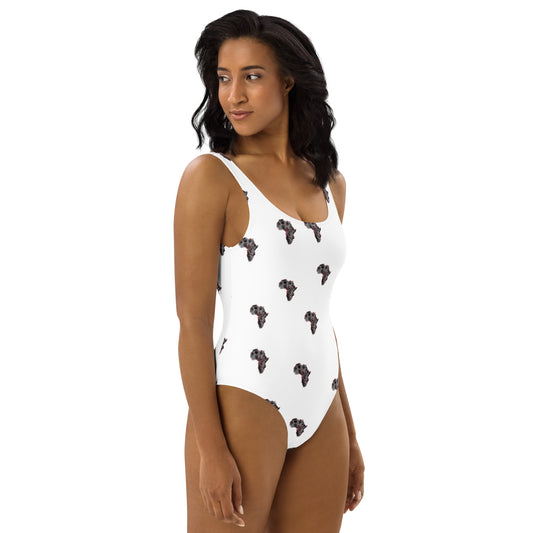 One piece white swimsuit with graphic print