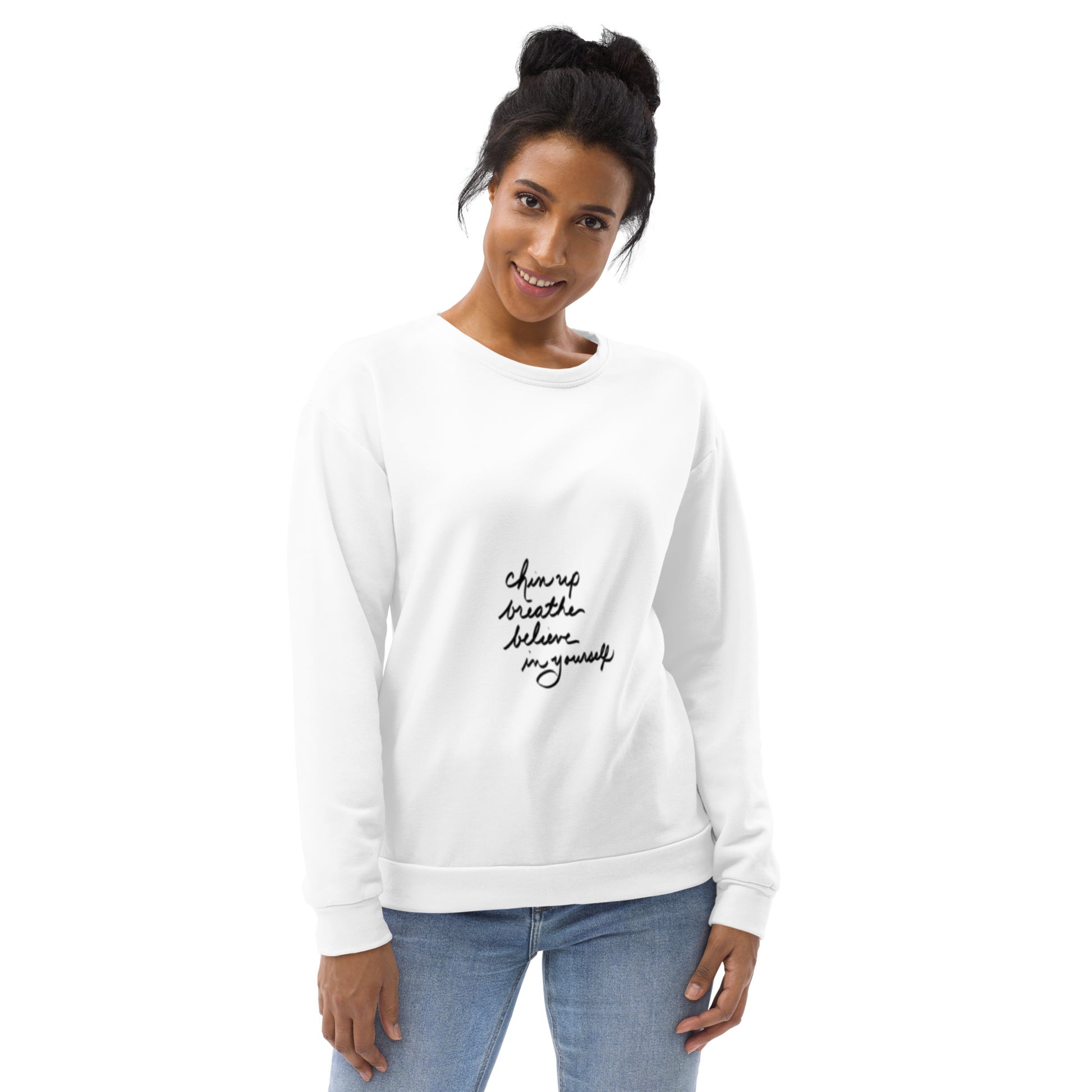 White Cozy Unisex Sweat shirt with quote "Chin Up"